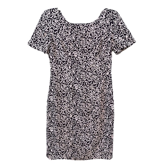 Liz Claiborne Silk Black White Floral Polka Dot Pencil Dress Bow Sz 4 - Picture 1 of 12